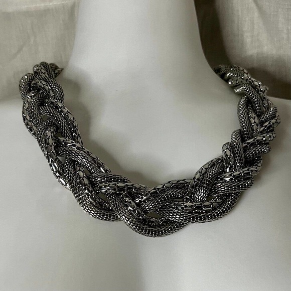 Multi Strand Shiny Braided Chunky Tube Silvertone Metal Chain Necklace - Picture 7 of 12